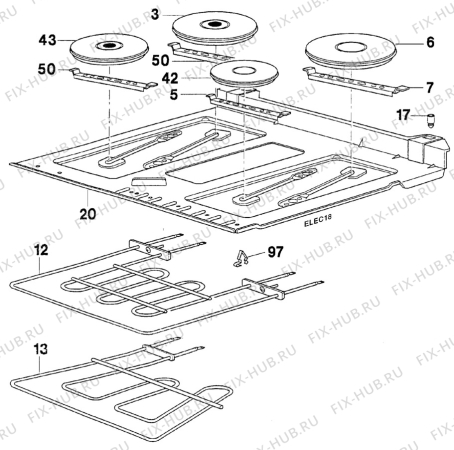 Взрыв-схема плиты (духовки) Arthur Martin CE6050-1 - Схема узла Oven and Top functional parts